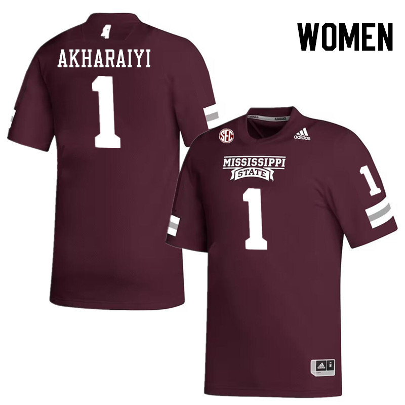 Women #1 Kelly Akharaiyi Mississippi State Bulldogs College Football Jerseys Stitched-Maroon